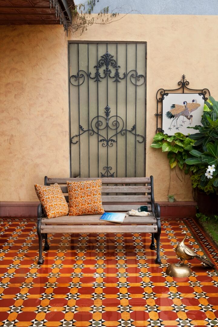 Inverlochy pattern from BFT_s Heritage Range used to striking effect at the sit out of this posh South Bombay residence. Interiors Shaheen Molabhoy. (Large)